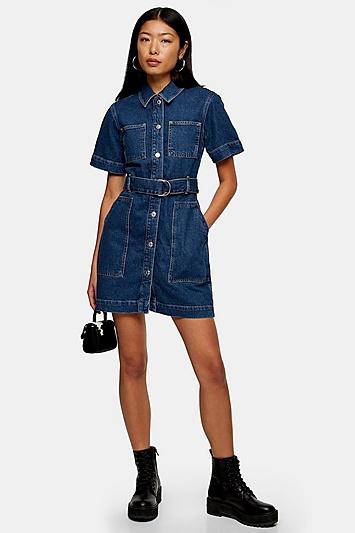 Topshop Short Sleeve Denim Belted Shirt Dress