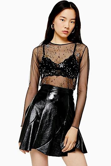 Topshop Star Sequin Mesh Long Sleeve Top