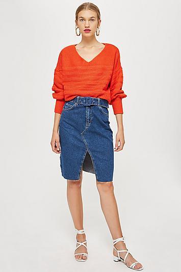 Topshop Belted Denim Midi Skirt