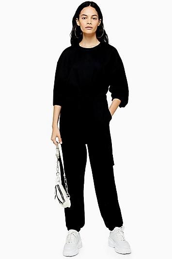 Topshop Black Utility Sweatshirt Jumpsuit