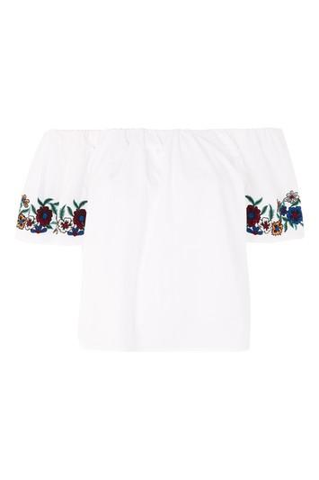 Topshop Petite Embroidered Sleeve Bardot Top