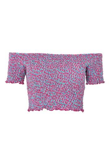Topshop Petite Shirred Floral Print Bardot Top