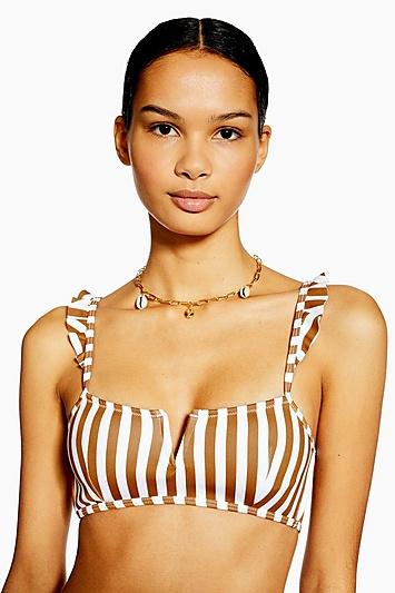 Topshop Tan Striped V-wire Bikini Crop Top