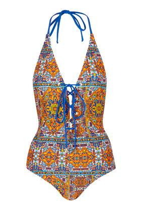 Topshop Tile Print Lattice Front Swimsuit