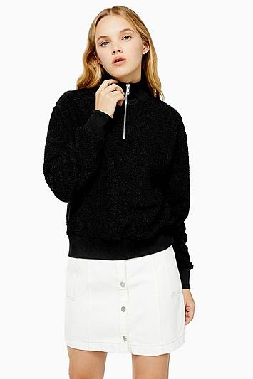 Topshop Black Textured Zip Up Funnel Neck Sweatshirt