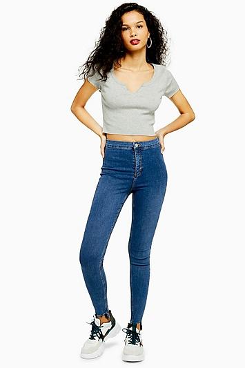 Topshop Mid Blue Jagged Hem Joni Jeans
