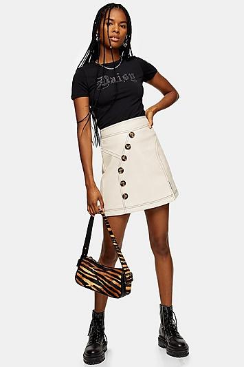 Topshop Cream Topstitch Pu Mini Skirt