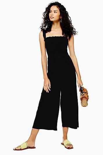 Topshop Black Polka Dot Shirred Jumpsuit