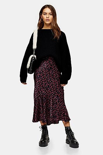 Topshop Petite Black Ditsy Floral Flounce Midi Skirt