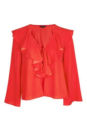 Topshop Ditsy Spot Tie Front Frill Top