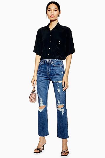 Topshop Mid Blue Destroy Rip Straight Jeans