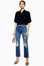 Topshop Mid Blue Destroy Rip Straight Jeans