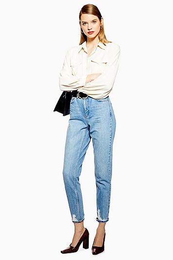 Topshop Bleach Ripped Hem Mom Jeans