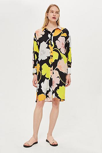 Topshop *floral Print Puff Sleeve Shirt Dress By Boutique