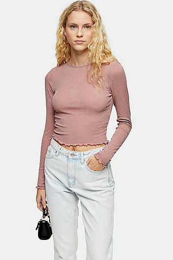 Topshop Blush Pink Long Sleeve Lettuce Mesh Top
