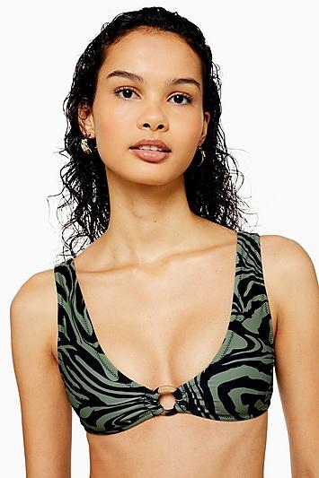 Topshop Khaki Tiger Ring Trim Crop Bikini Top