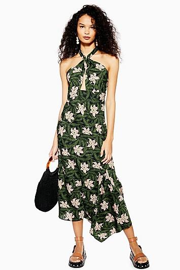 Topshop Hibiscus Floral Halter Neck Midi Dress