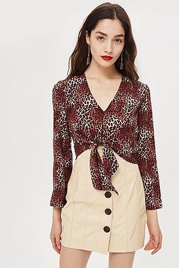 Topshop Petite Leopard Knot Blouse