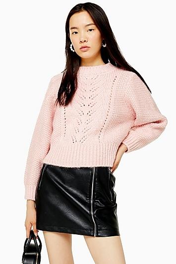 Topshop Tall Pink Knitted Pointelle Crop Jumper