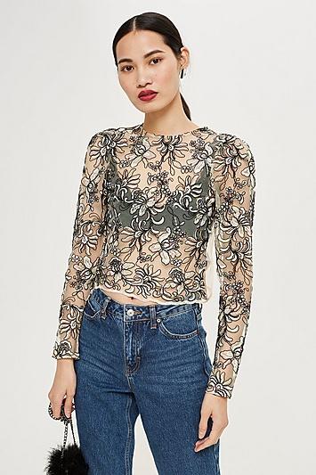 Topshop Floral Embroidered Mesh Top