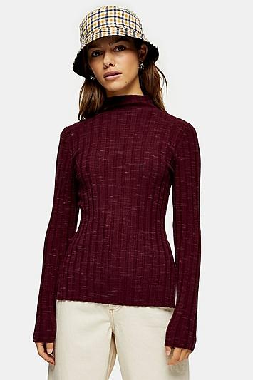 Topshop Petite Plum Knitted Marl Funnel Neck Top