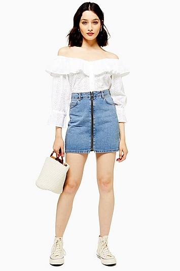 Topshop Tall Zip Through High Waisted Denim Skirt