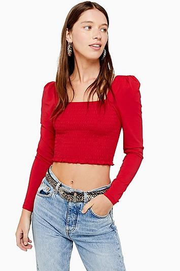 Topshop Red Shirred Long Sleeve Top