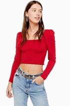 Topshop Red Shirred Long Sleeve Top