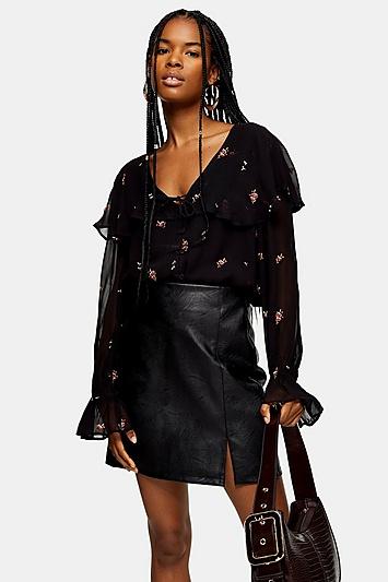 Topshop Black Embroidered Frill Blouse