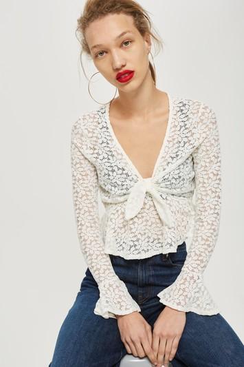 Topshop Petite Lace Tie Front Blouse