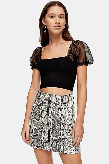 Topshop Black Ponte Organza Puff Sleeve Top