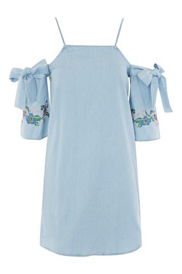 Topshop Moto Embroidered Sleeve Shift Dress