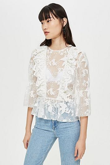 Topshop Ruffle Embroidered Blouson Top