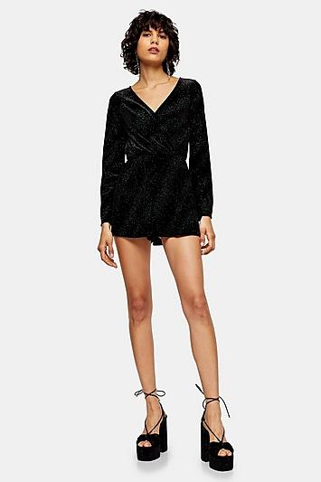 Topshop Green Glitter Velvet Playsuit