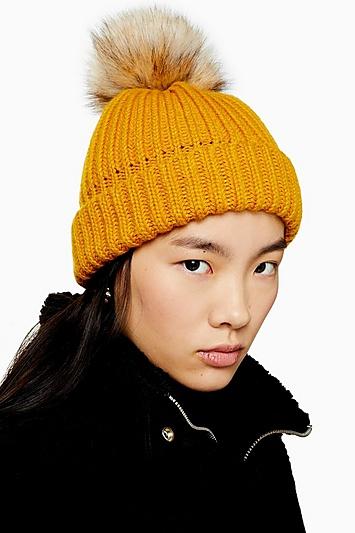 Topshop Mustard Faux Fur Pom Beanie