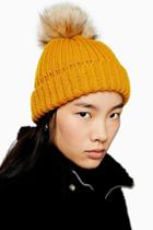 Topshop Mustard Faux Fur Pom Beanie