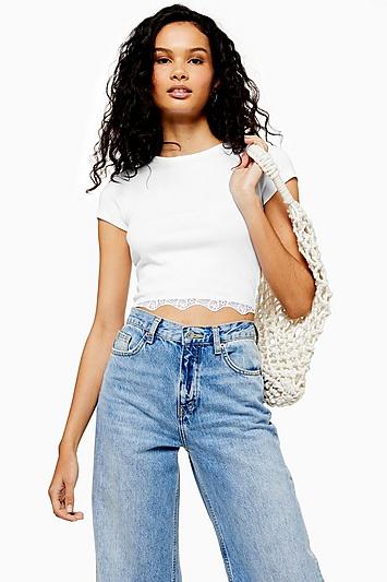 Topshop Lace Hem Crew Neck T-shirt