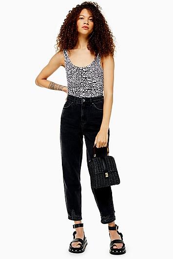 Topshop Petite Wash Black Rip Hem Mom Jeans