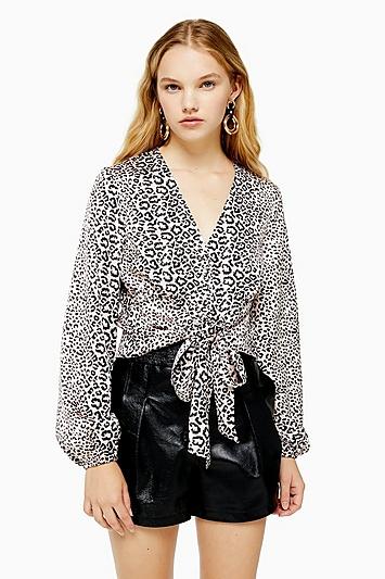 Topshop Animal Print Tie Front Blouse