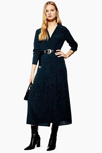 Topshop Teal Animal Print Shirt Dress