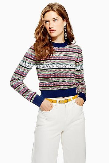 Topshop Petite Slogan Fair Isle Jumper