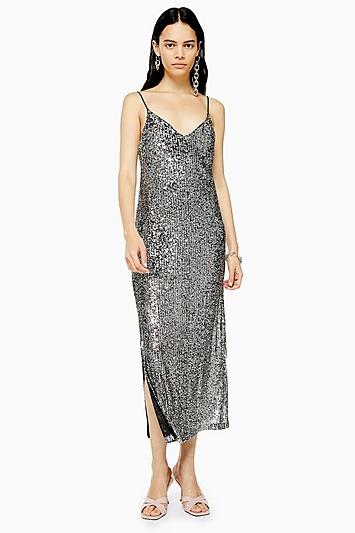 Topshop Silver Sequin Midi Dress