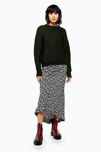 Topshop Black And White Ruched Floral Midi Skirt