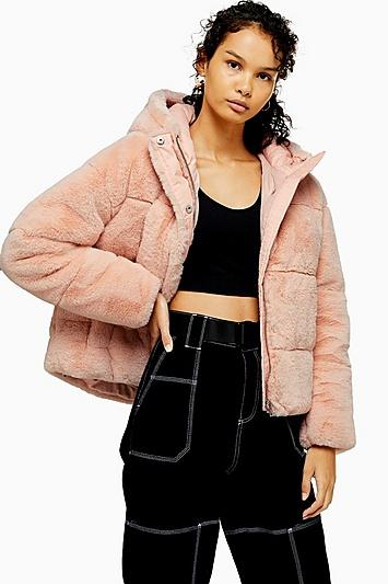 Topshop Pink Faux Fur Puffer Jacket