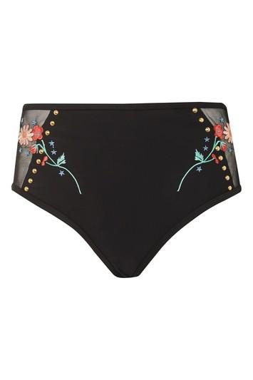 Topshop Embroidered High Waist Bikini Bottoms