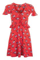 Topshop Tall Red Spot Floral Tea Dress