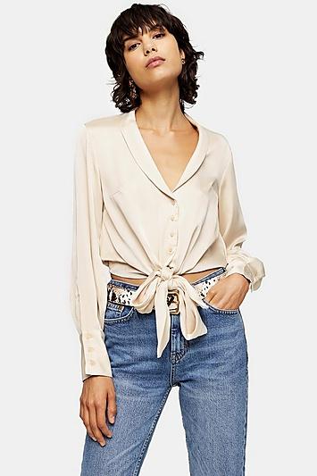 Topshop Cream Satin Knot Front Shirt