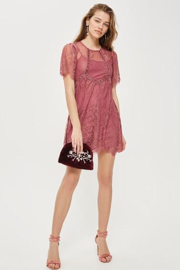 Topshop Petite Velvet Trim Lace Flippy Dress