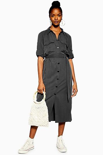Topshop Tall Black Utility Midi Shirt Dress