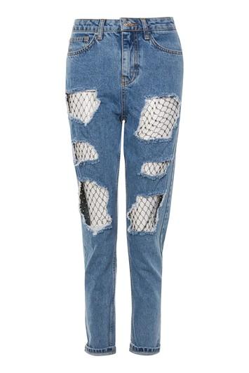 Topshop Moto Mid Blue Diamante Mesh Mom Jeans